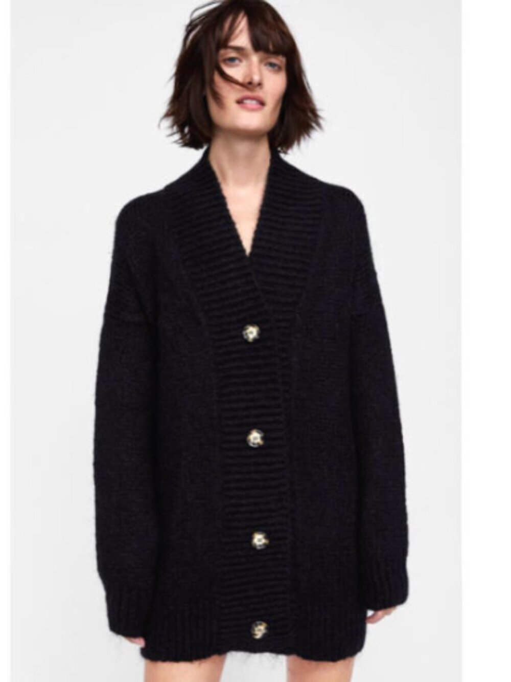 ZARA Black Textured Knit Oversized Shawl Collar Cardigan Sweater